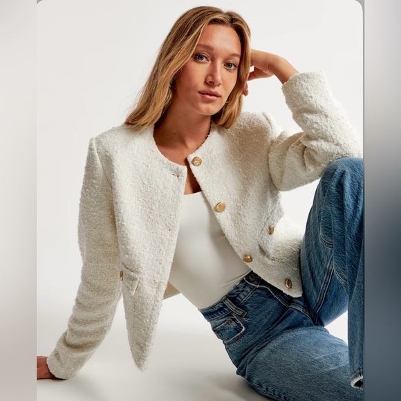 ABERCROMBIE & FITCH | COLLARLESS CROPPED TWEED JACKET IN WHITE LARGE - Picture 1 of 13